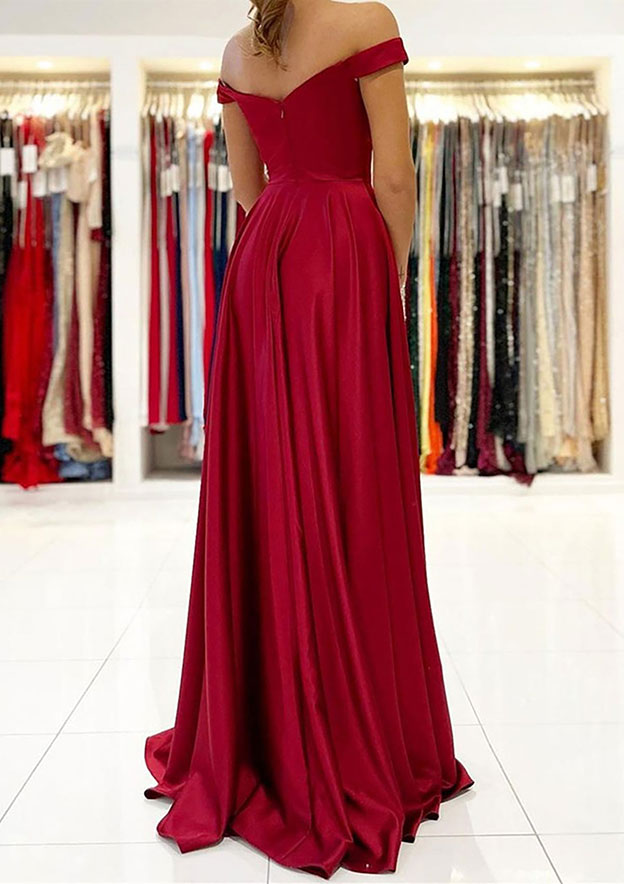 Robe de bal longue en satin à épaules dénudées et fente